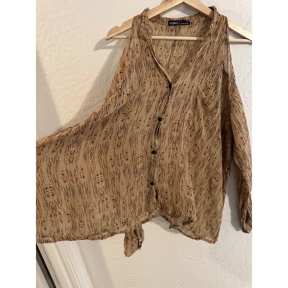 Y Gypsy 05 100% Silk Hippie 70’s Style Tan Cold Shoulder Button Up Blouse - Picture 5 of 11